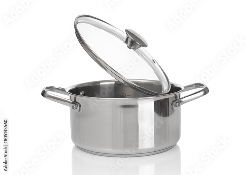 Empty stainless saucepan with glass lid isolated on white background