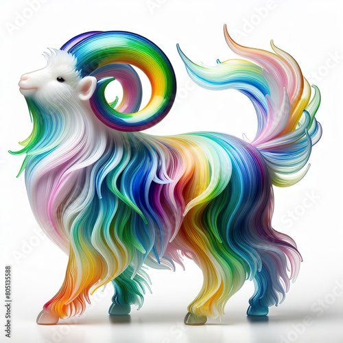 A stunning blown glass sculpture of a playful, cute goat with seamlessly blended rainbow colors, white background © JetHuynh