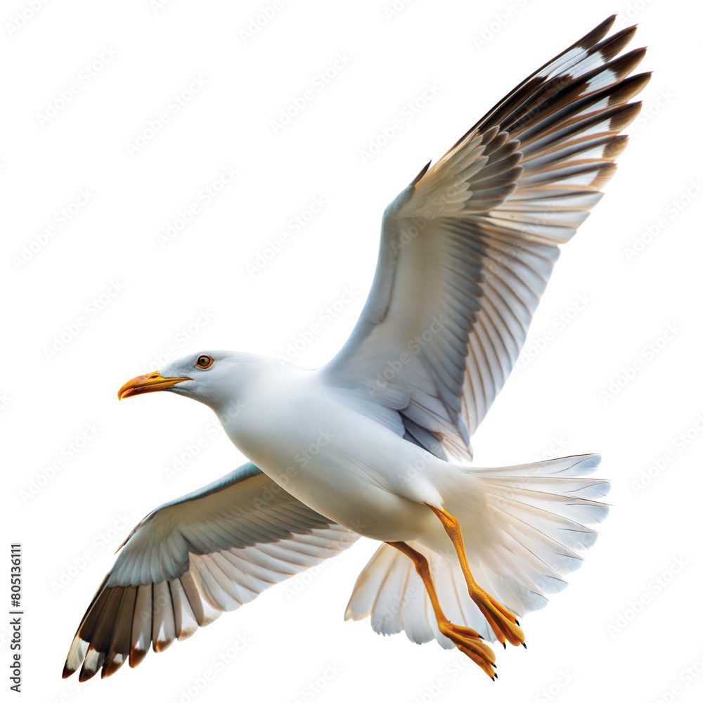 Obraz premium Majestic Seagull in Flight Captured With Spread Wings Against a Transparent Backdrop