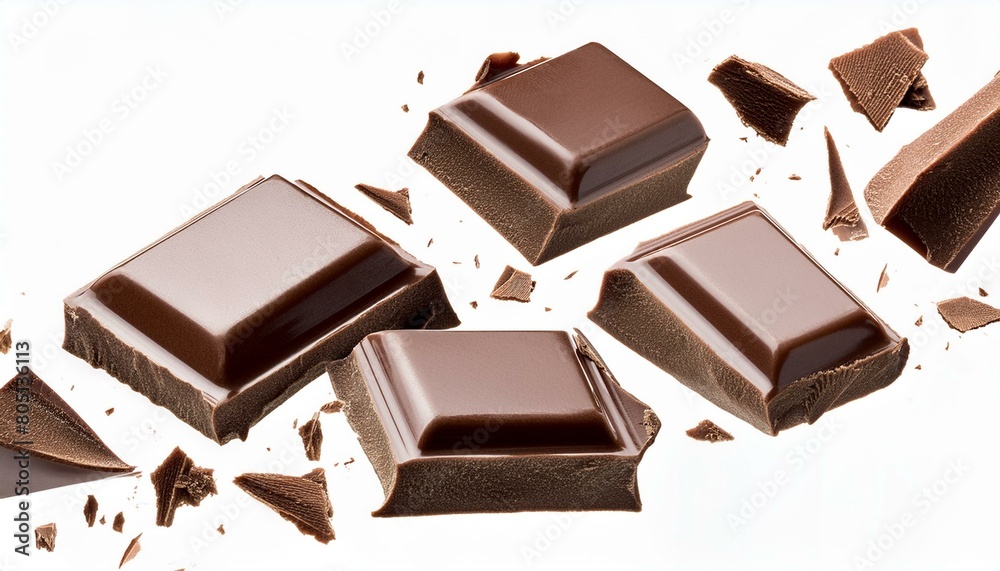 Pile chopped, flying milled chocolate isolated on white Pile chopped, flying milled chocolate isolated on white