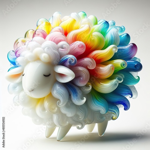 A stunning blown glass sculpture of a playful, cute Sheep with seamlessly blended rainbow colors, white background