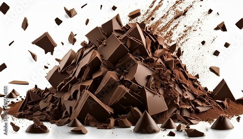 Pile chopped, flying milled chocolate isolated on white 