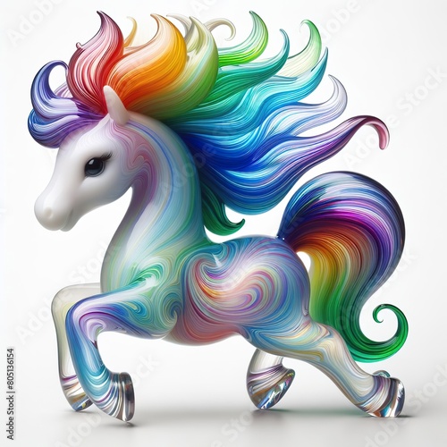 A stunning blown glass sculpture of a playful, cute Horse with seamlessly blended rainbow colors, white background