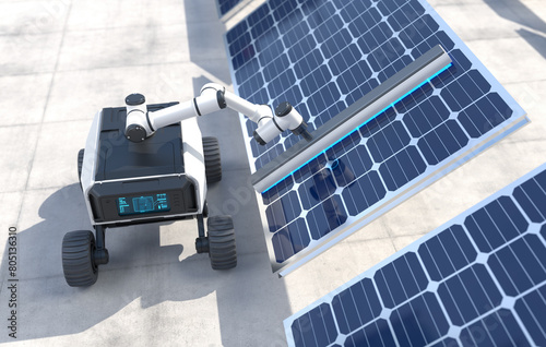 Robot clean solar panels, Automatic robot cleaning solar cell, Renewable energy concept. 3D illustration