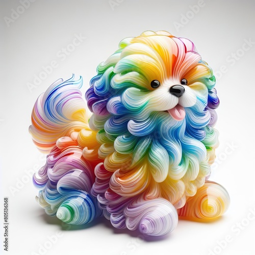 A stunning blown glass sculpture of a playful, cute puppy with seamlessly blended rainbow colors, white background