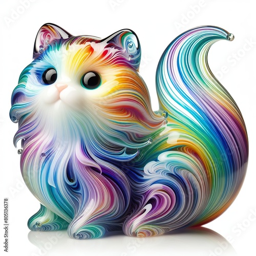 A stunning blown glass sculpture of a playful  cute Cat with seamlessly blended rainbow colors  white background