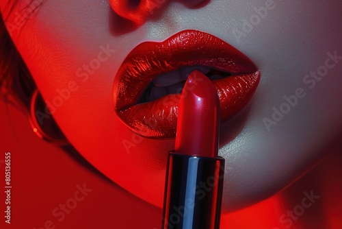 Close-up portrait of beautiful female lips with red lipstick, Fashion shot, Ai Generated