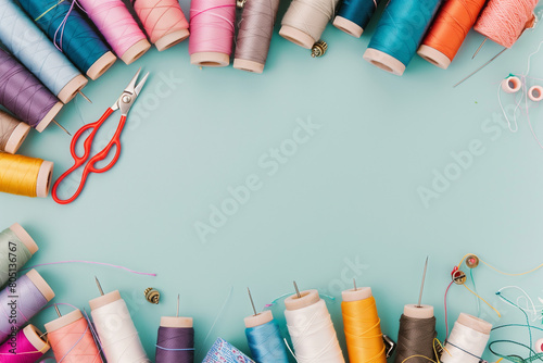  photo on elegant solid background of sewing tools, sewing accessories, sewing threads, thread spools, needles, pins photo