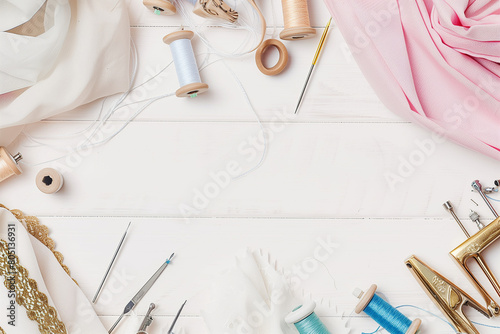  Flat elegant photo of different fabric and sewing tools, sewing accessories, sewing threads, thread spools, needles, pins on the white table with copy space photo