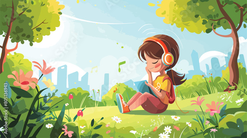 Little girl listening to music in park Vector style Vector