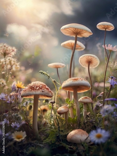 Whispers sparkling of close up mushrooms. AI generated illustration