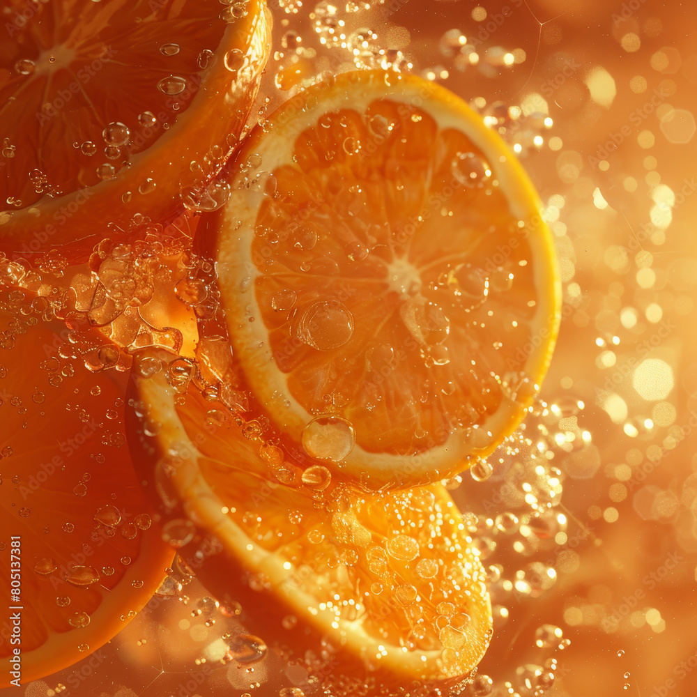 Vibrant Close-Up of Orange Slices and Bubbles in Golden Liquid Vibrant Close-Up of Orange Slices and Bubbles in Golden Liquid