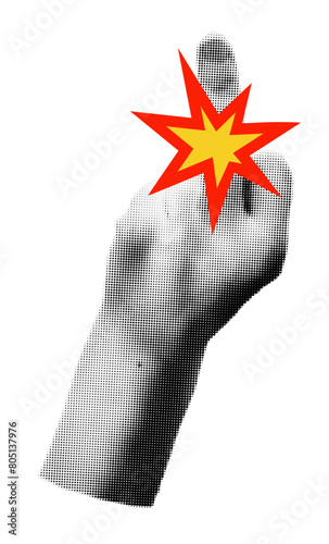 Trendy halftone collage element hand showing middle finger fuck off gesture. Cut out from magazine emoji shape with doodle.Grunge punk dotted modern retro vector illustration