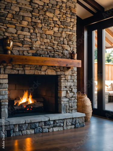 Stone Hearth Serenity  Photograph Showcasing a Fireplace Against a Rustic Stonewall for Maximum Coziness.