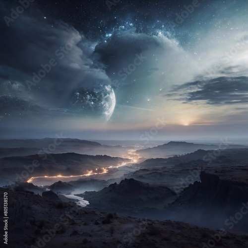 Mystical barren landscape in blue night. AI generated illustration