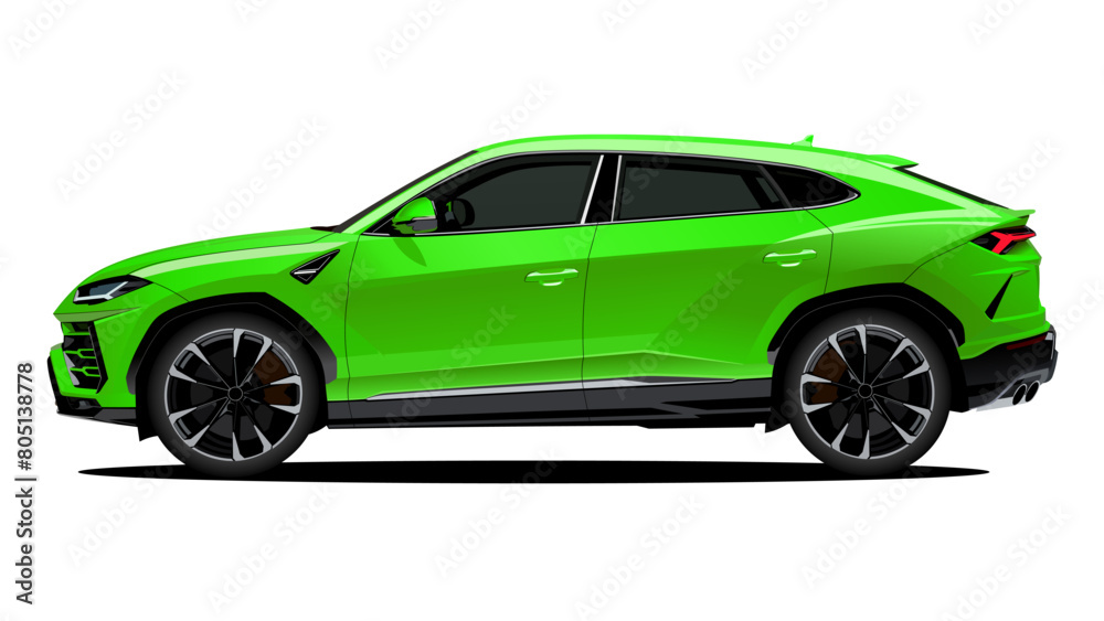 Realistic Vector Sport Car SUV Isolated, in Green color with 3d perspective and transparency gradients, in side view. Realistic Vector Sport Car SUV Isolated, in Green color with 3d perspective and transparency gradients, in side view.