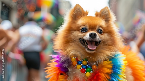 Pomeranian dog donning a rainbow collar at a lively Pride festival, its fluffy coat mirroring the colorful celebration around it.