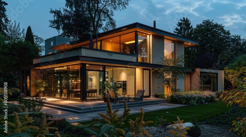 Luxurious modern prefab home at dusk with illuminated interiors