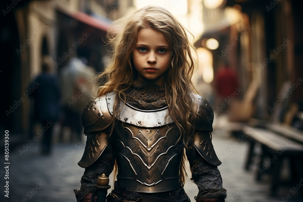 Valiant Medieval knight child girl. Cute person. Generate Ai