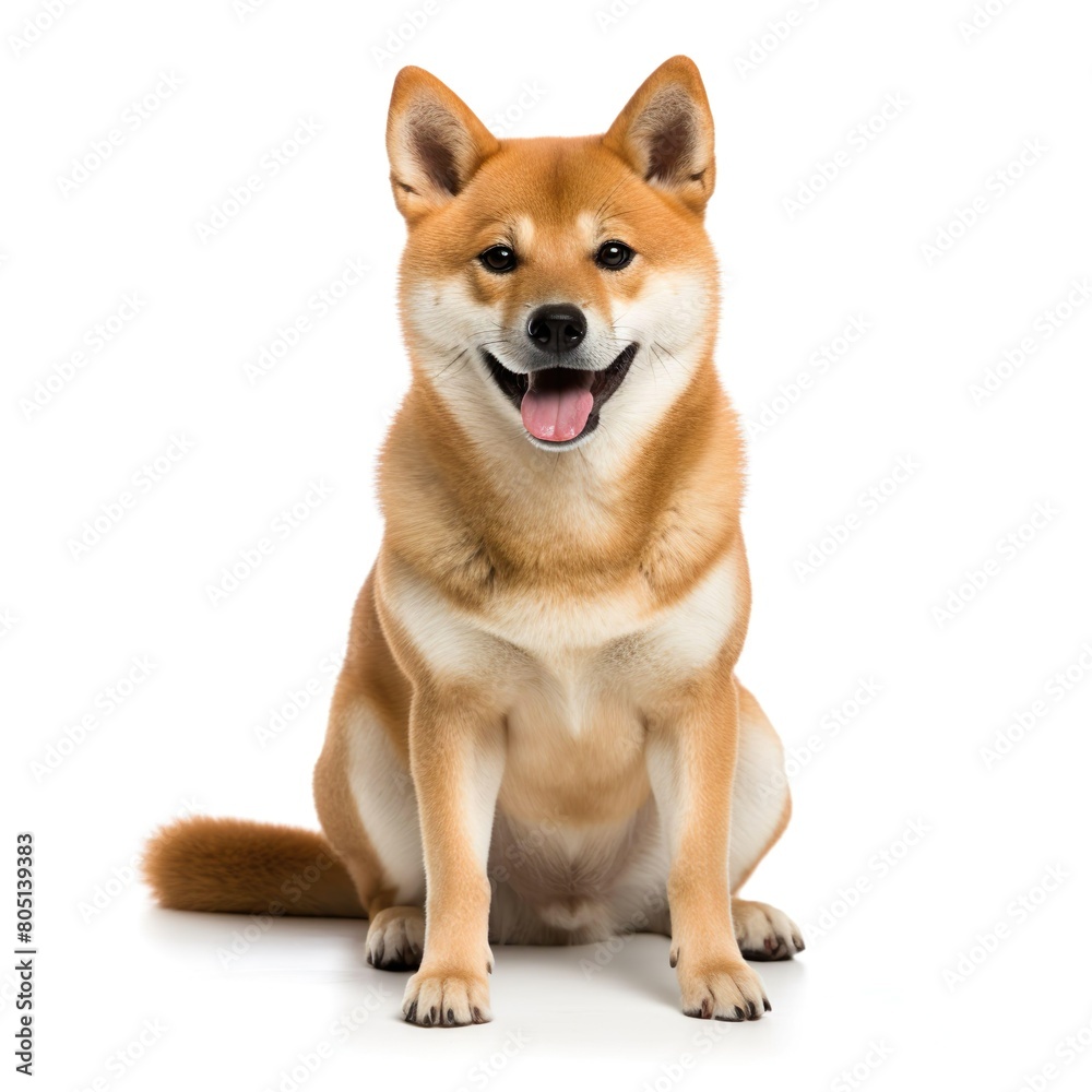 Front view Shiba Inu Dog happy standing on a white background.