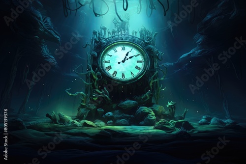 Underwater Abyss Countdown: A bioluminescent countdown clock deep in an underwater abyss signaling the rise of a sea deity. photo