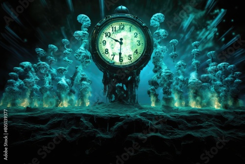 Underwater Abyss Countdown: A bioluminescent countdown clock deep in an underwater abyss signaling the rise of a sea deity. photo