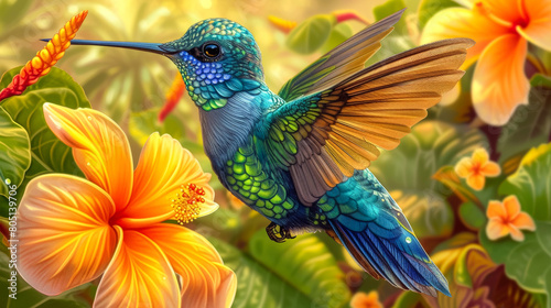 The enchanting hummingbird, adorned with delicate jewels, hovers amidst tropical blooms. © Tatiana