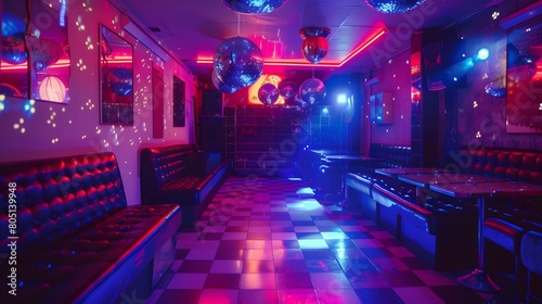 Colorful interior of bright and beautiful retro night club or pub with disco ball and neon lighting