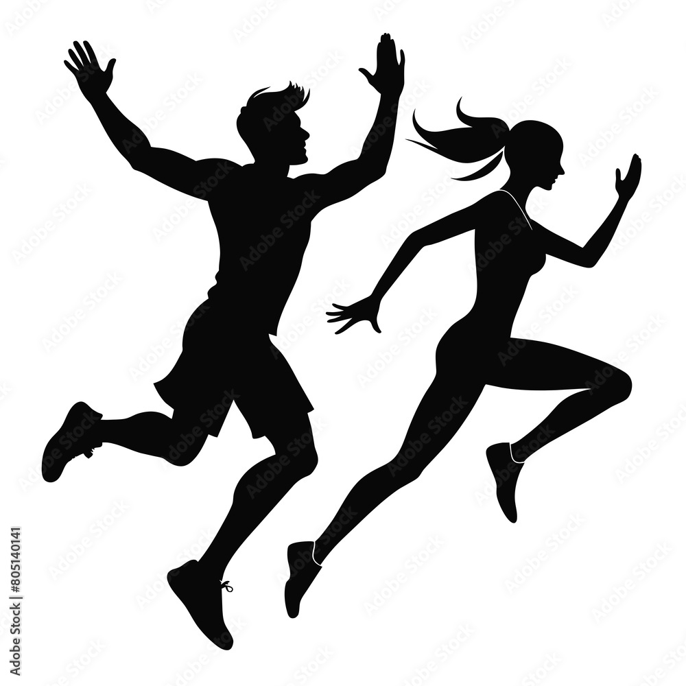 Man and woman jumping silhouettes art