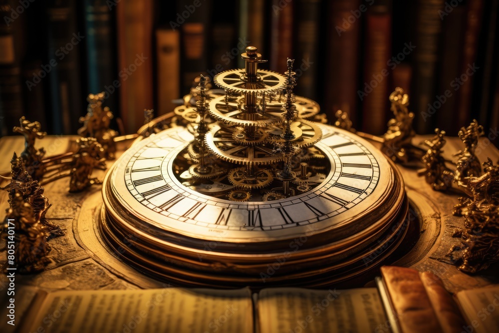 Timeless Library Countdown: Books with moving gears counting down to the revelation of lost knowledge.