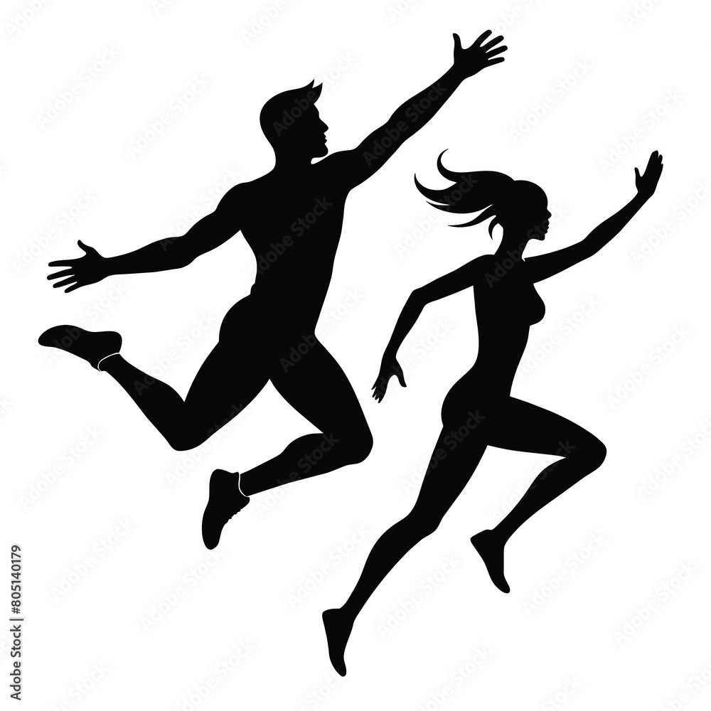 Man and woman jumping silhouettes art