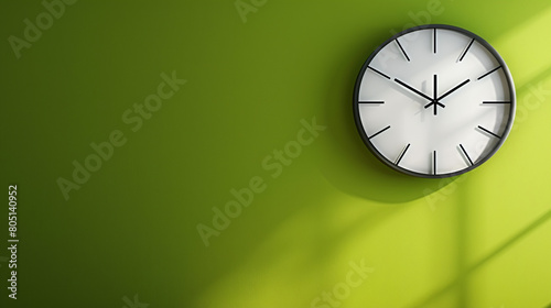 Bright lime green wall with a sleek black and white clock hanging on it, photo