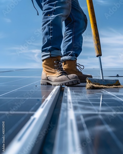 a man cleaning a solar panel with a broom on a roof © dip