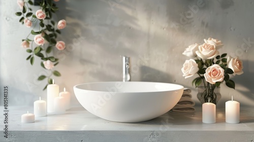 Embracing the Luxurious Comfort of an Elegant White Bathroom Interior  Adorned with a Modern Vessel Sink  Roses  and the Soft Glow of Candlelight
