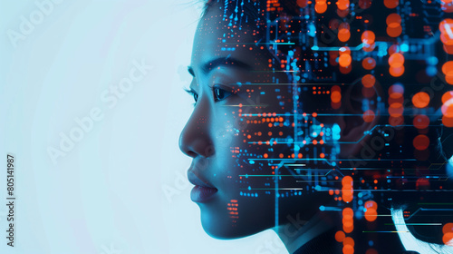 side profile portrait of a black female with a tech pattern overlay, portraying a cyber security analyst of artificial intelligence and the future of ai in the workplace 