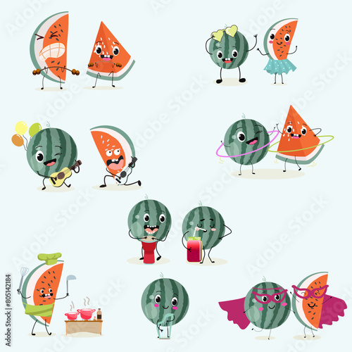Cute watermelon characters set, collection. Flat vector illustration. Activities, playing musical instruments, sports, funny fruits.