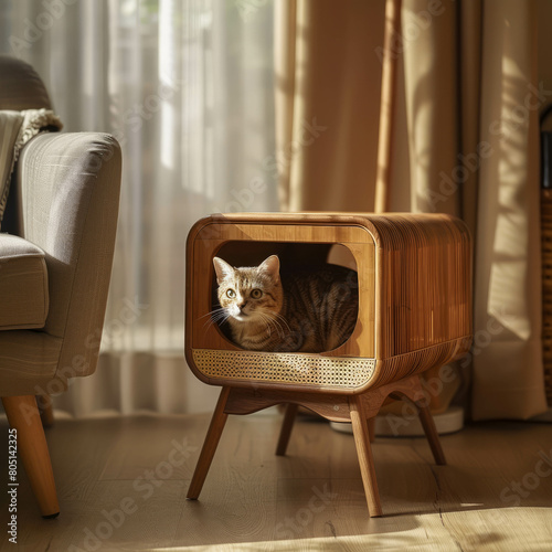 Capture the nostalgic ambiance of a light brown wooden cat house in UHD quality. AI generative. photo