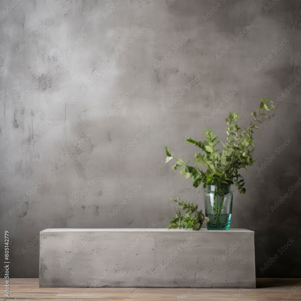 Tranquil setting featuring a vase with green foliage on a gray concrete bench Tranquil setting featuring a vase with green foliage on a gray concrete bench