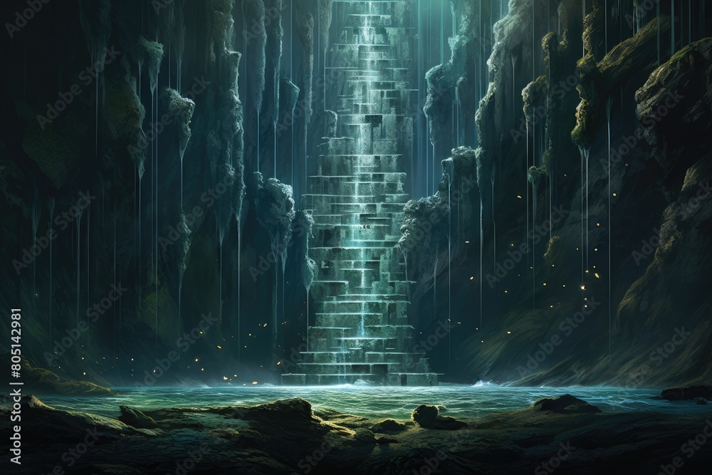 Obraz premium Ethereal Waterfall Countdown: A waterfall with liquid time flowing down, marking the countdown to a dimensional shift.