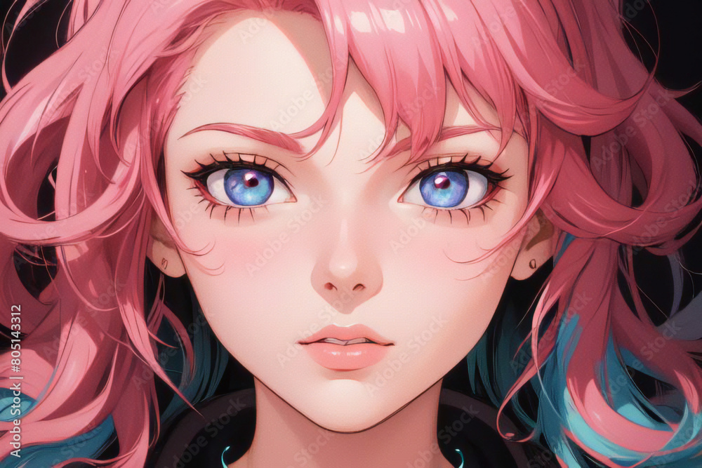Close up of beautiful anime girl that has blue and pink hair. Synthwave woman neon colours pink blue.