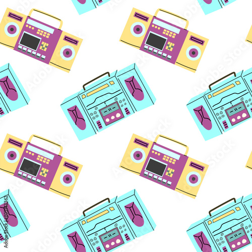 90s retro element seamless pattern, retro style, game and music items. Can use for stickers, banner, greeting card. wallpaper, textile, music background. © Жумагуль Бисекеева