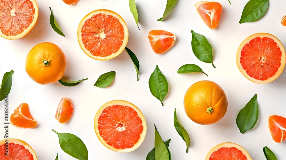 Bright Citrus Fruits on White, Fresh Oranges and Grapefruits with Leaves. Ideal for Summer Refreshments and Healthy Lifestyle. Vivid Colors, Top View. AI