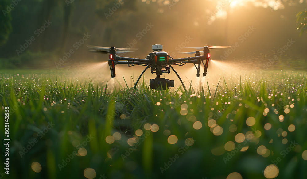 A drone spraying water on a field with a camera. Generative AI A drone spraying water on a field with a camera. Generative AI