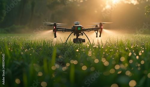 A drone spraying water on a field with a camera. Generative AI photo