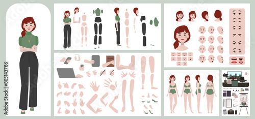 Business woman avatar creation suitable for animation. Generator, constructor of diverse views of eyes, lips, emotion expressions mouth animation and lip sync. Girl character face and body move.	