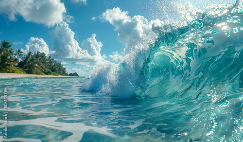 A view of a wave breaking into the ocean with a beach in the background. Generative AI