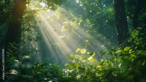 Beautiful Sunlight Beams Casting a Golden Glow in the Verdant Forest