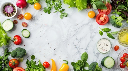 A variety of vegetables, including leafy greens and root vegetables, are artfully arranged in a circle on a table, showcasing the beauty of natural foods AIG50