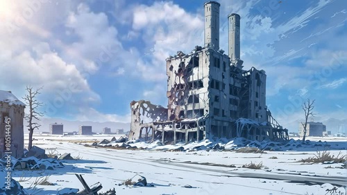 Explore the frozen remnants of a once vibrant city through this haunting 4k looping video, where winter has cast a silent pall over the ruins photo
