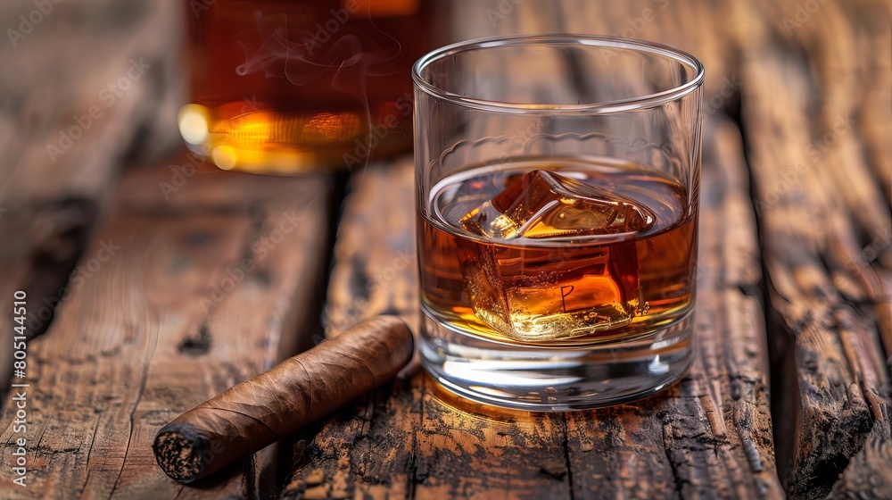 A glass of whiskey and a pipe stand on an old brown wooden table and table across the window. A slightly dim light enters the environment from the window and illuminates the table. A glass of whiskey and a pipe stand on an old brown wooden table and table across the window. A slightly dim light enters the environment from the window and illuminates the table.